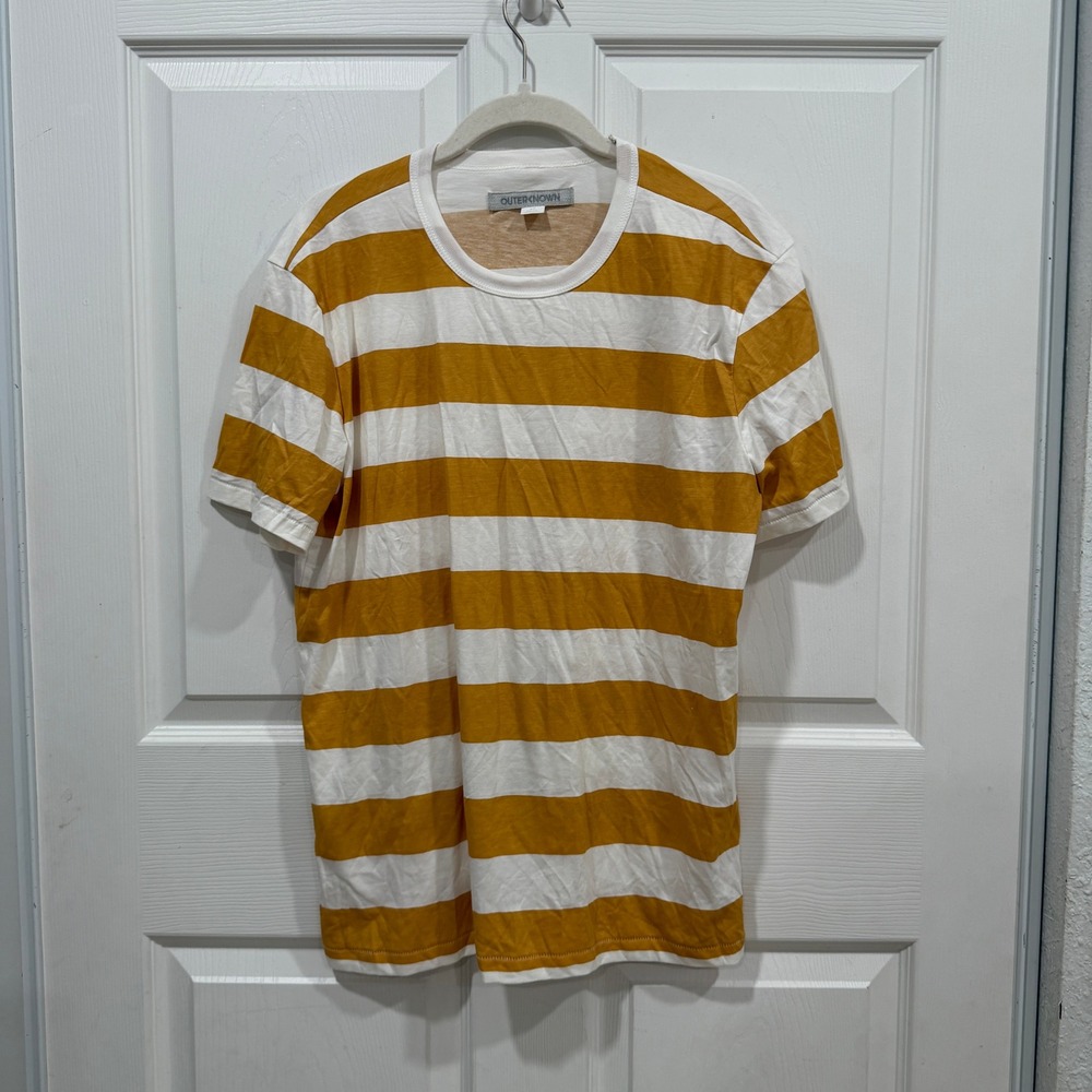 Outerknown Mens Striped Organic Pima Cotton T Shirt Small Mustard Yellow White